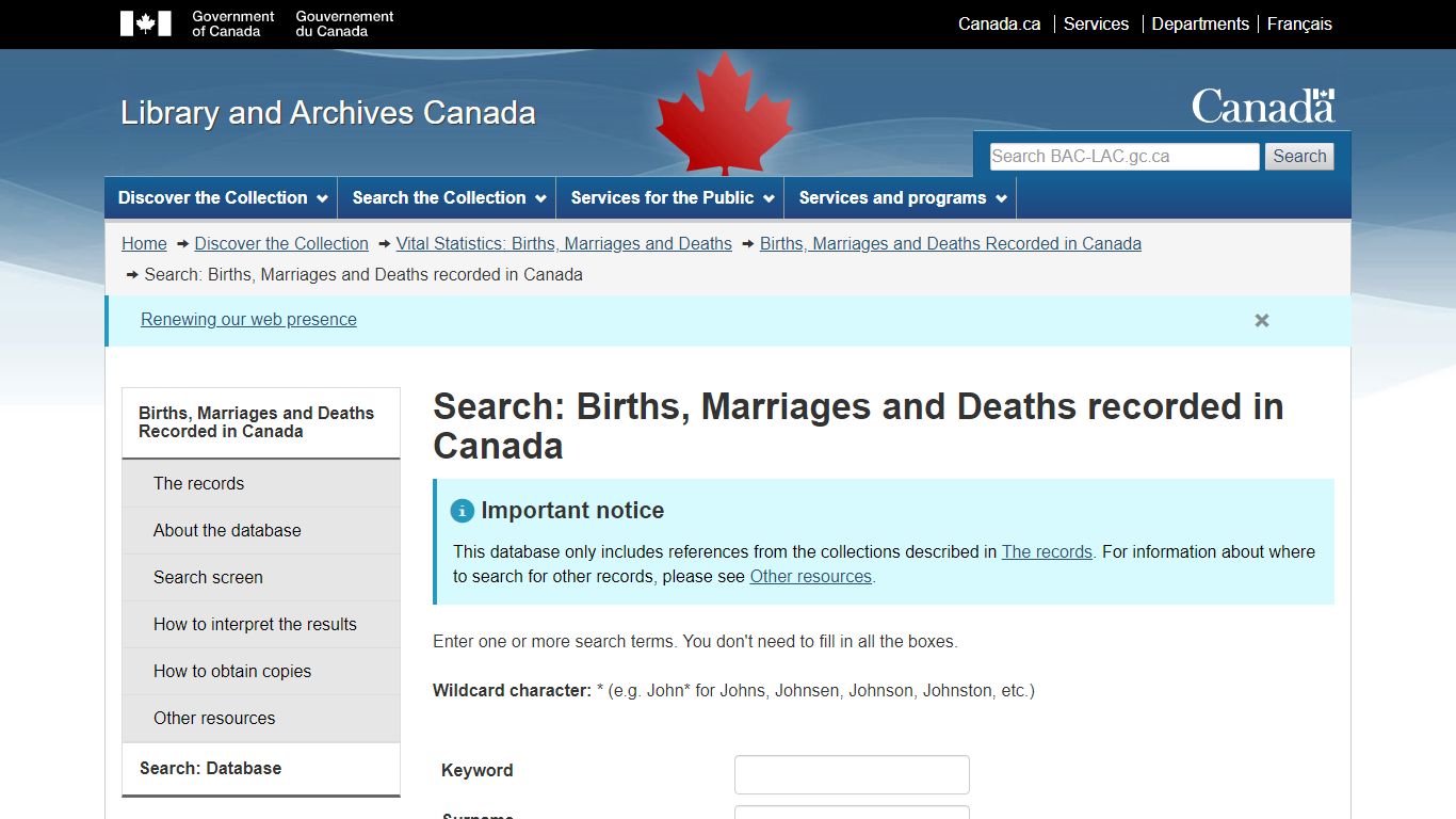 Search: Births, Marriages and Deaths recorded in Canada ...
